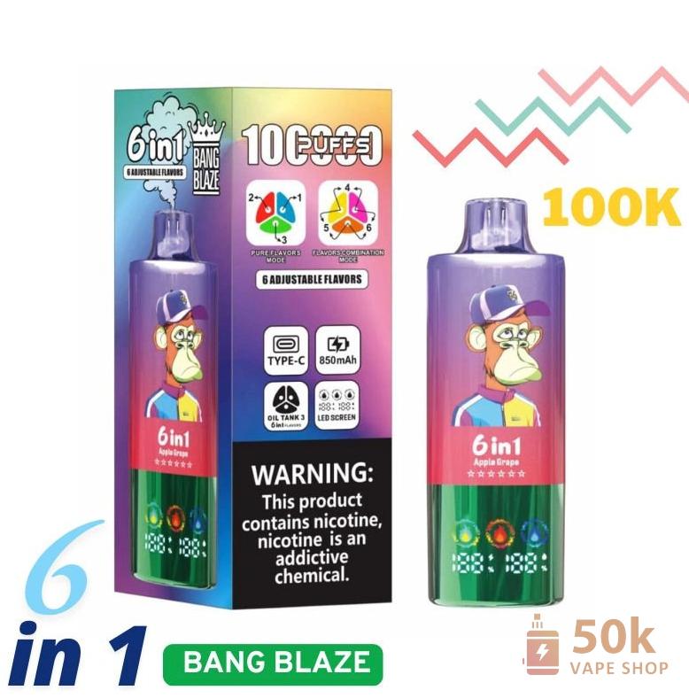Bang Blaze 100K Puffs ühekordselt kasutatav Vape | Triple Tank, 6 maitset