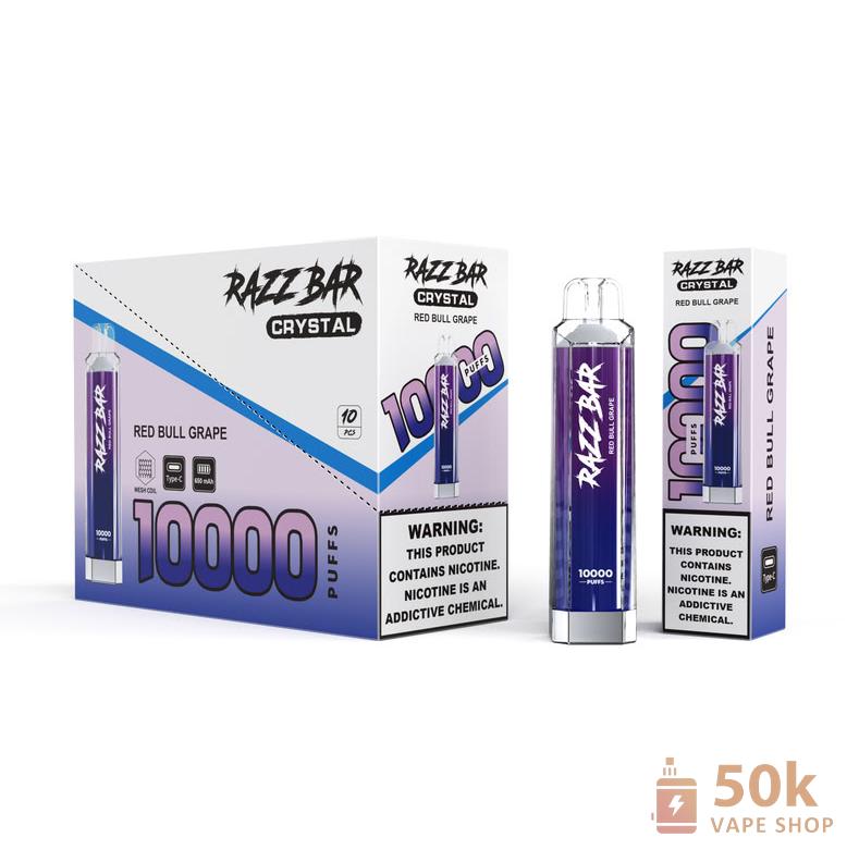 Razz Bar Crystal 10000 - Vape descartável recarregável com 16 sabores